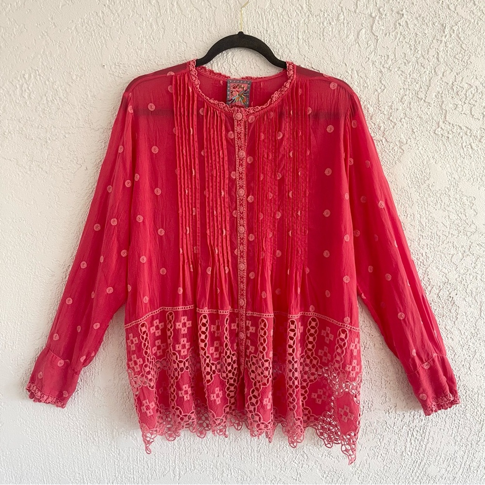 Johnny Was Baez Phaedra Embroidered Blouse in Passion Fruit Color